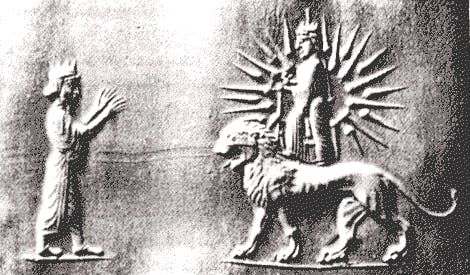 آناهیتا بر پشت شیر و اردشیر دوم پادشاه هخامنشی بر او نماز می‌برد