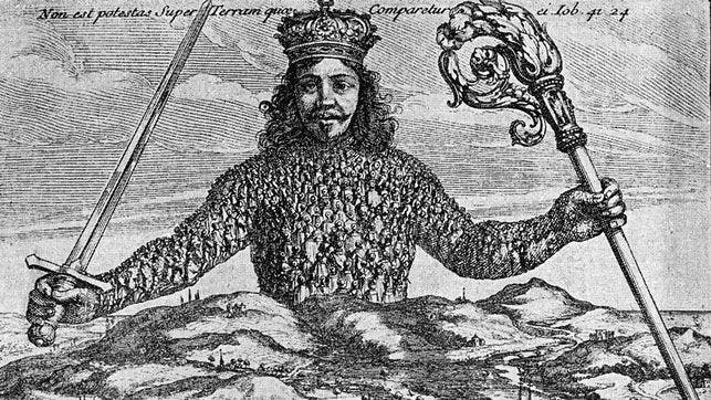 لویاتان، غول دریایی، نماد دولت − روی جلد کتاب "لویاتان" اثر تامس هابس (لندن، ۱۶۵۱)