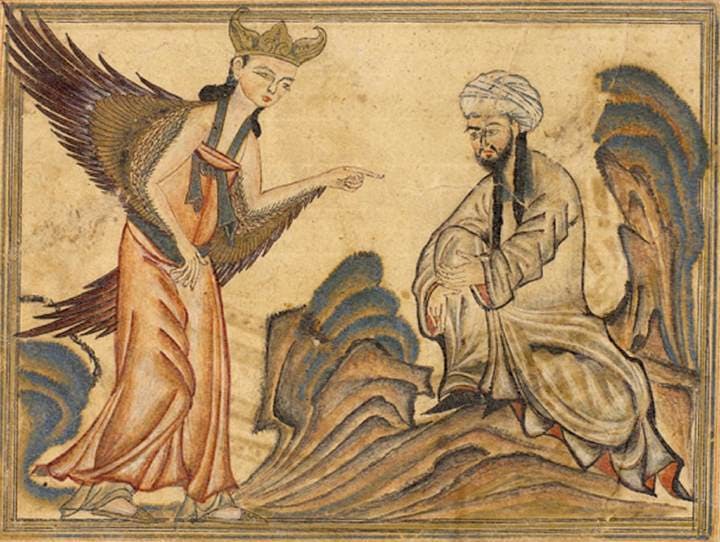 محمد در حال دریافت وحی − مینیاتوری از قرن ۱۴ میلادی، کتاب جامع‌ التواریخ، نسخه دانشگاه ادینبورگ