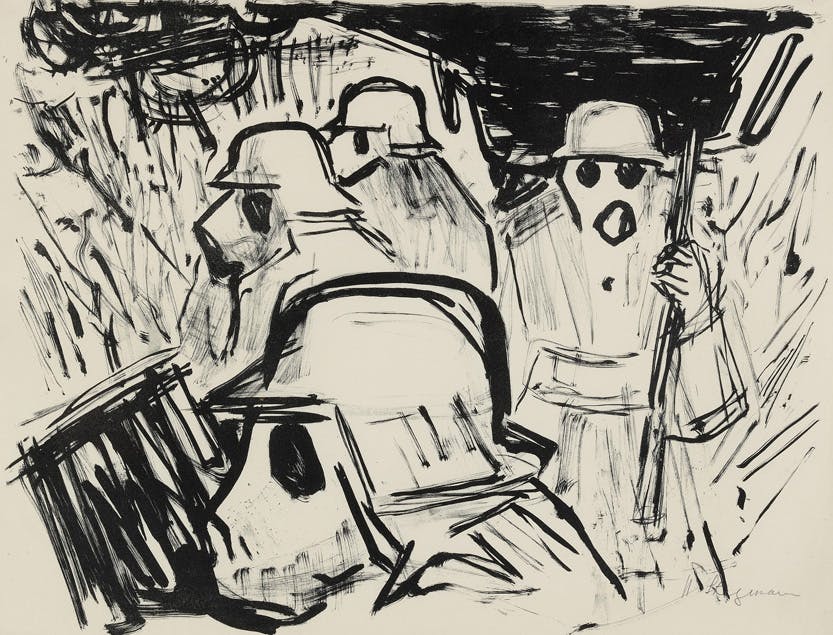 هشدار درباره چنگ بعدی. سربازان با ماسک، اثر هاینریش اشتِگه‌من، لیتوگرافی ۱۹۳۷