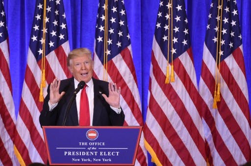 دونالد ترامپ در کنفرانس مطبوعاتی امروز (۱۱ ژانویه) در نیویورک − عکس از AFP