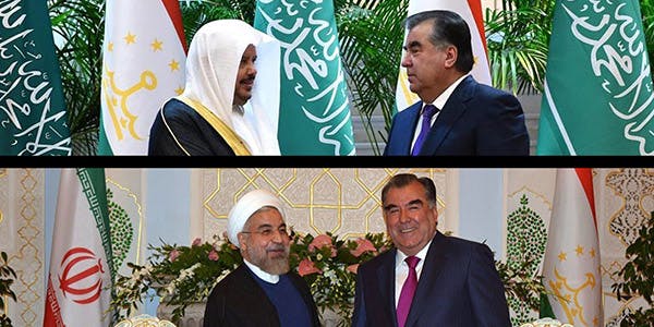 امامعلی رحمان، رئیس‌جمهور تاجیکستان، بالا در دیدار با عبدالله بن محمد بن ابراهیم آل شیخ، رئیس مجلس شورای عربستان سعودی، در پایین در دیدار با حسن روحانی، رئیس جمهوری اسلامی ایران