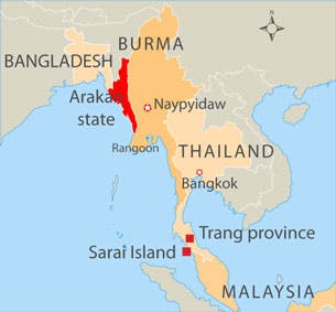 نقشه میانمار –مردم روهینگیا عمدتا در ایالت راخین (ارکان) ساکن هستند