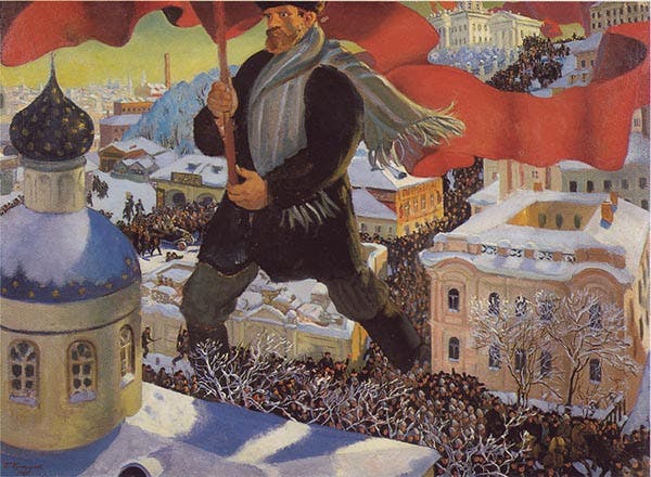 حس رهایی یا اقتداری ناشی از سازماندهی؟ تابلوی بلشویک، اثر بوریس کوستودیف (۱۹۲۰)