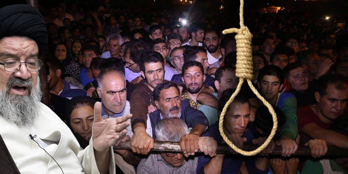 در زمینه عکس: تماشاچیان یک مراسم اعدام، در سمت چپ: احمد خاتمی، امام جمعه تهران که علاقه خاصی به اعدام دارد.