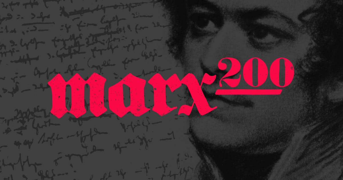 ۵ مه ۲۰۱۸: دویست سالگی کارل مارکس. تصویر مارکس جوان بر روی زمینه دستخط او. پوستری به مناسبت دویستمین سالگرد تولد مارکس. منبع: marx200.org