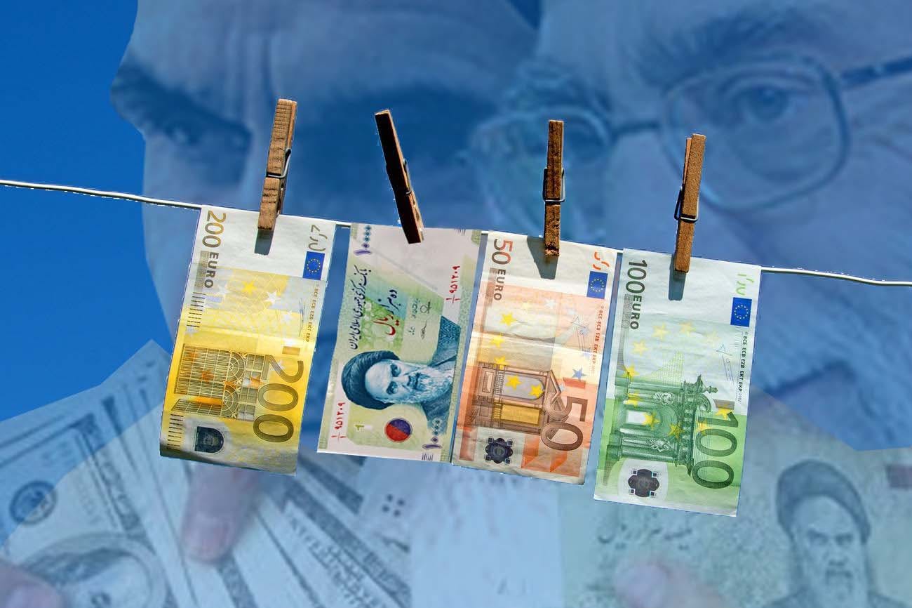 طرحی در ارتباط با پولشویی: اسکناس‌های ۲۰۰،۱۰۰ و ۵۰ یورویی و ۱۰ هزار ریالی با گیره به نخ آویخته شده‌اند