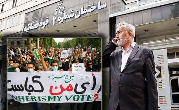 محمدرضا خاتمی در برابر ساختمان دادگاه، تصویر مونتاژ شده: از تظاهرات جنبش سبز در اعتراض به تقلب انتخاباتی