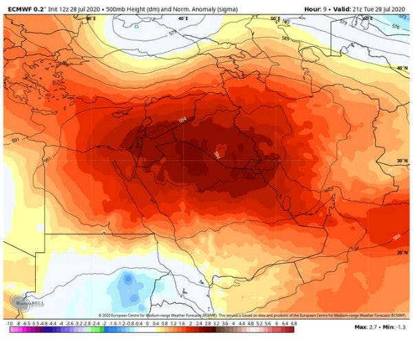 گرما در خاورمیانه رکورد زد: در بغداد بالاترین درجه دمای هوا در ۱۲۰ سال گذشته به ثبت رسید. جنوب غربی ایران، لبنان و سوریه هم درگیر این گرمای بی‌سابقه‌اند. (عکس: توییتر)