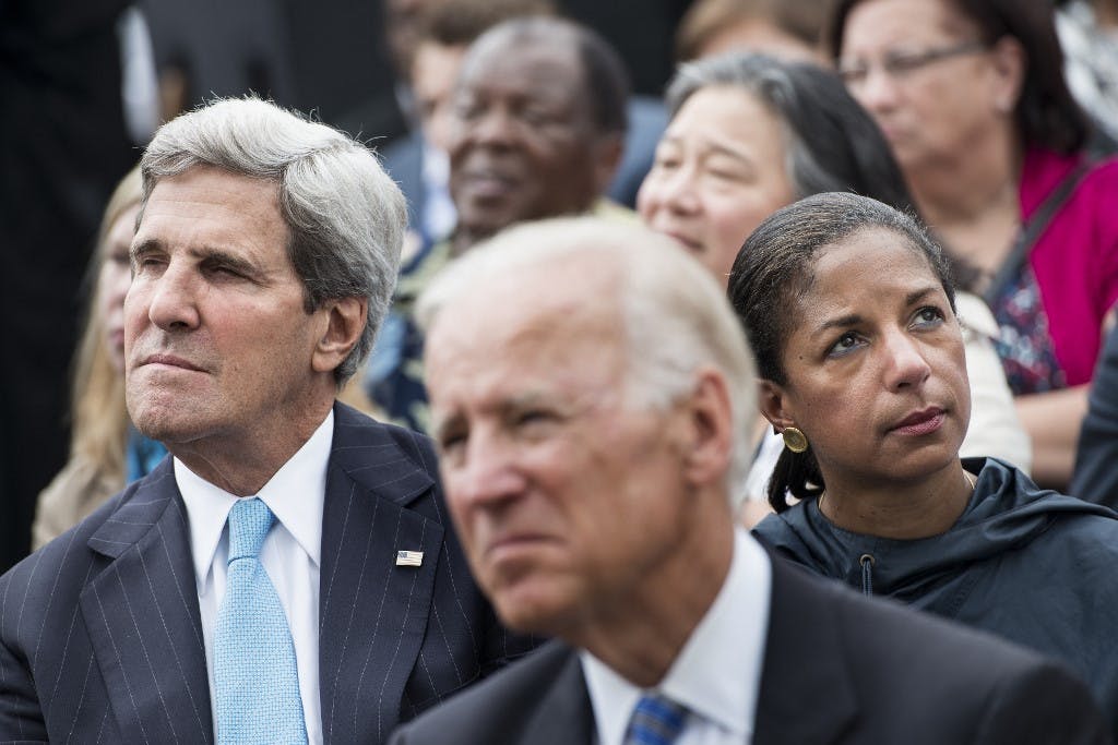 US Secretary of State John Kerry (L), US Vice President Joseph R. Biden (C) and National Security Adviser Susan Rice listen while US President Barack Obama speaks at the Lincoln Memorial on the National Mall August 28, 2013 in Washington, DC. Obama and others spoke to commemorate the 50th anniversary of the US civil rights era March on Washington where Martin Luther King Jr. delivered his "I Have a Dream Speech". AFP PHOTO/Brendan SMIALOWSKI (Photo by BRENDAN SMIALOWSKI / AFP)