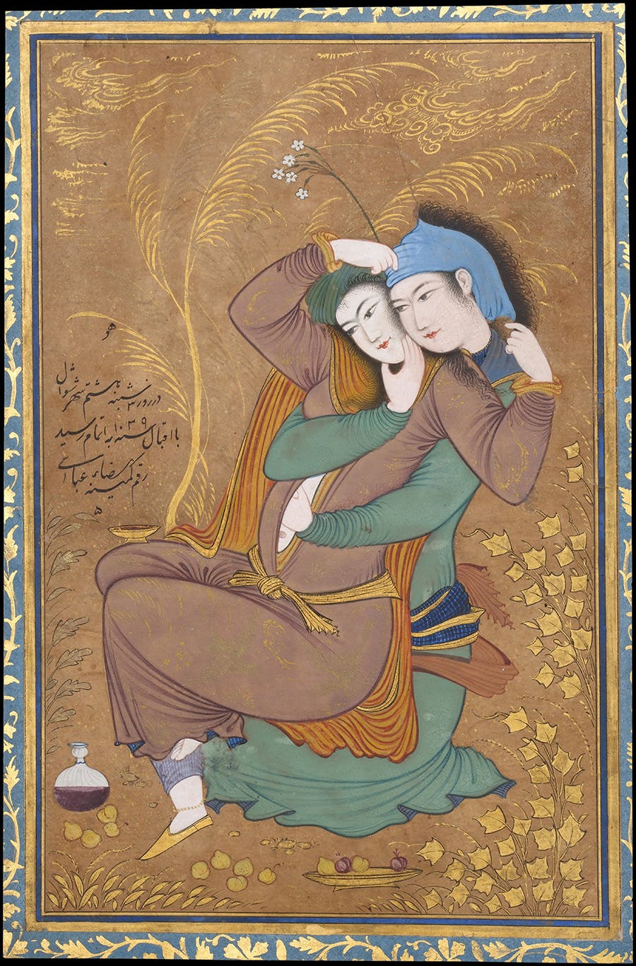 دو عاشق (۱۶۳۰ م.)، اثر رضا عباسی، نقاش عصر صفوی، منبع: ویکی‌پدیا
