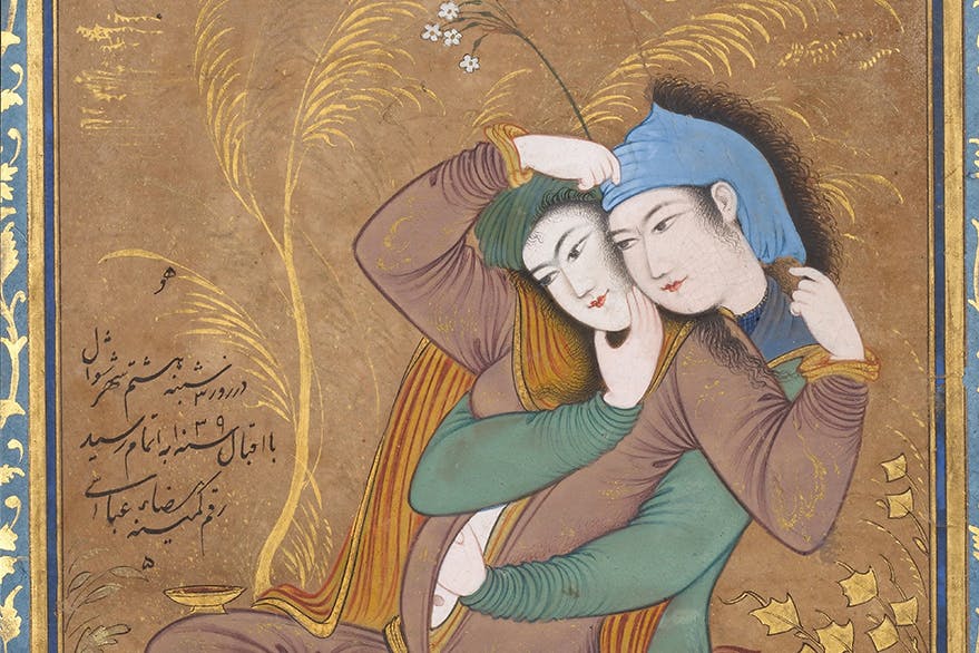 بخشی از تابلوی دو عاشق (۱۶۳۰ م.)، اثر رضا عباسی، نقاش عصر صفوی، منبع: ویکی‌پدیا