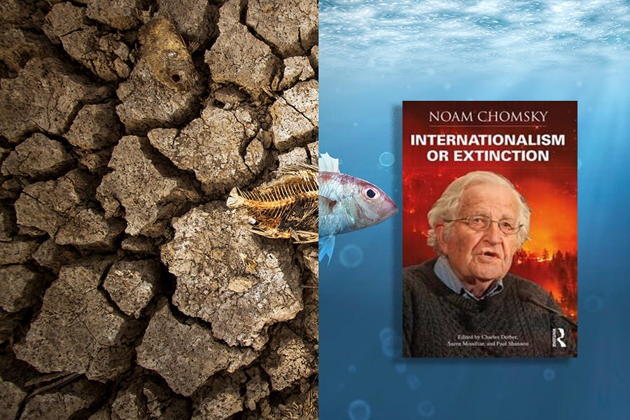 Noam Chomsky: Internationalism or Extinction. Routledge 2019. (Background: Shutterstock)