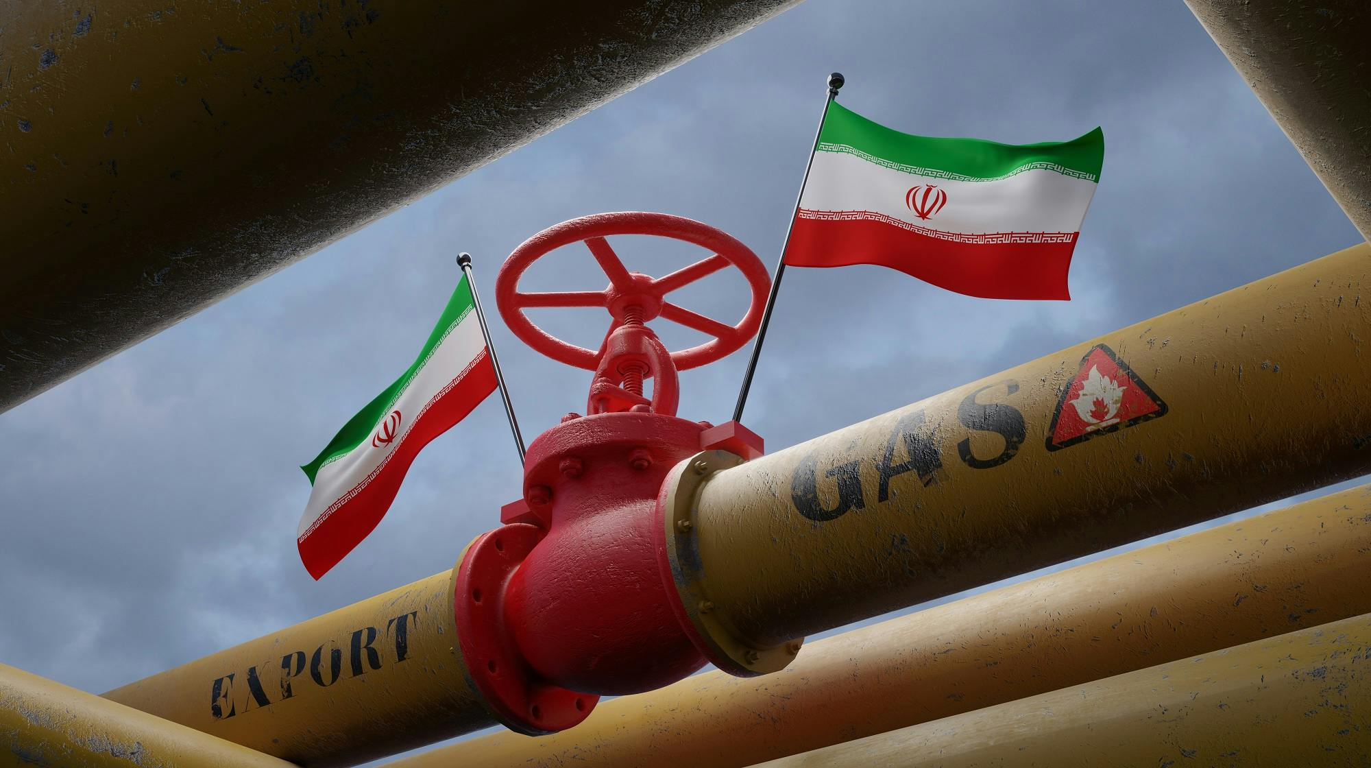 تصویری از یک لوله انتقال گاز که بر بالای آن پرچم جمهوری اسلامی برافراشته شده است