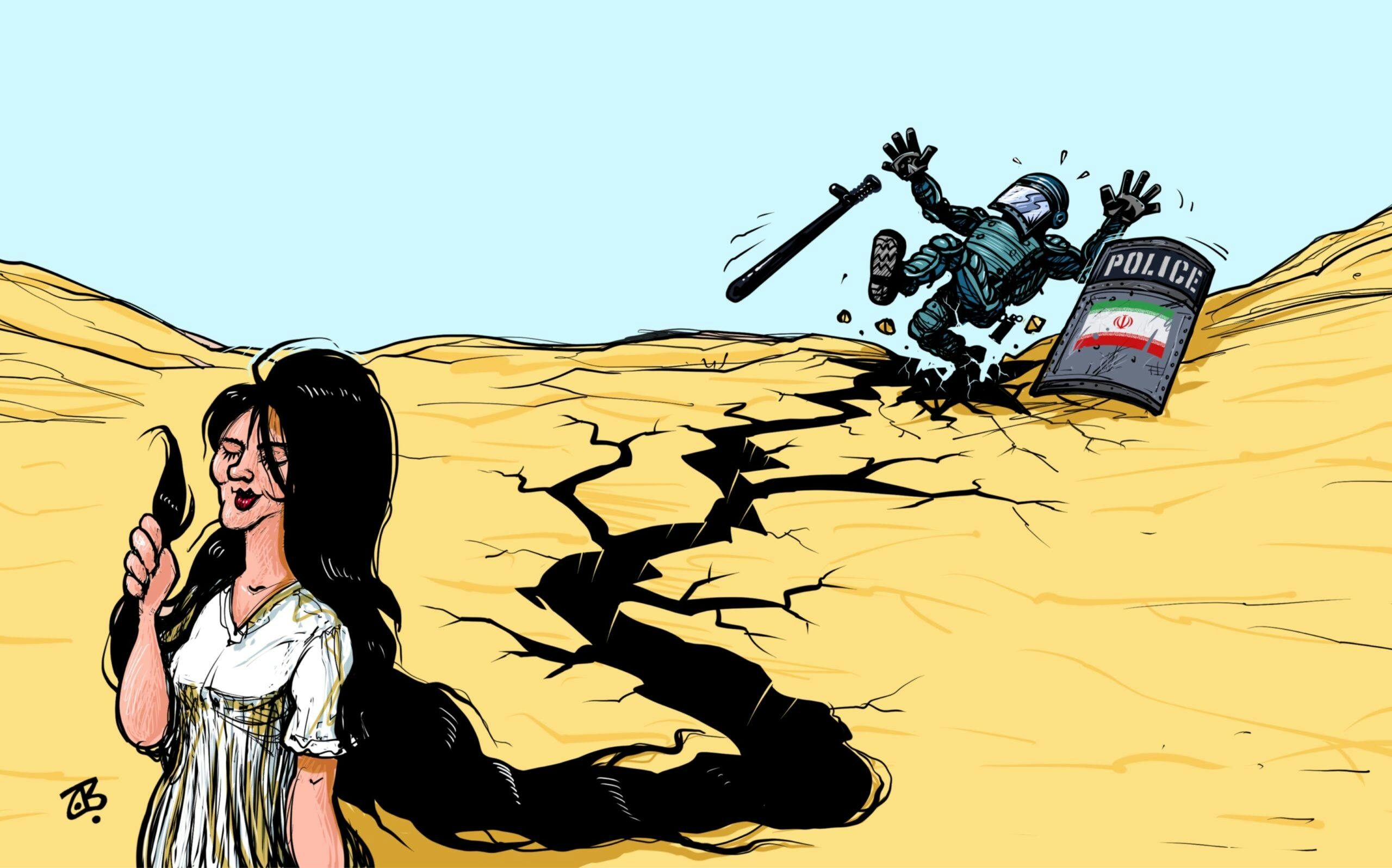 کارتونی با نام «انقلاب مهسا» که نشان می‌دهد موی زنی شبیه مهسا به شکافی برای فرو رفتن نیروهای سرکوب بدل شده است