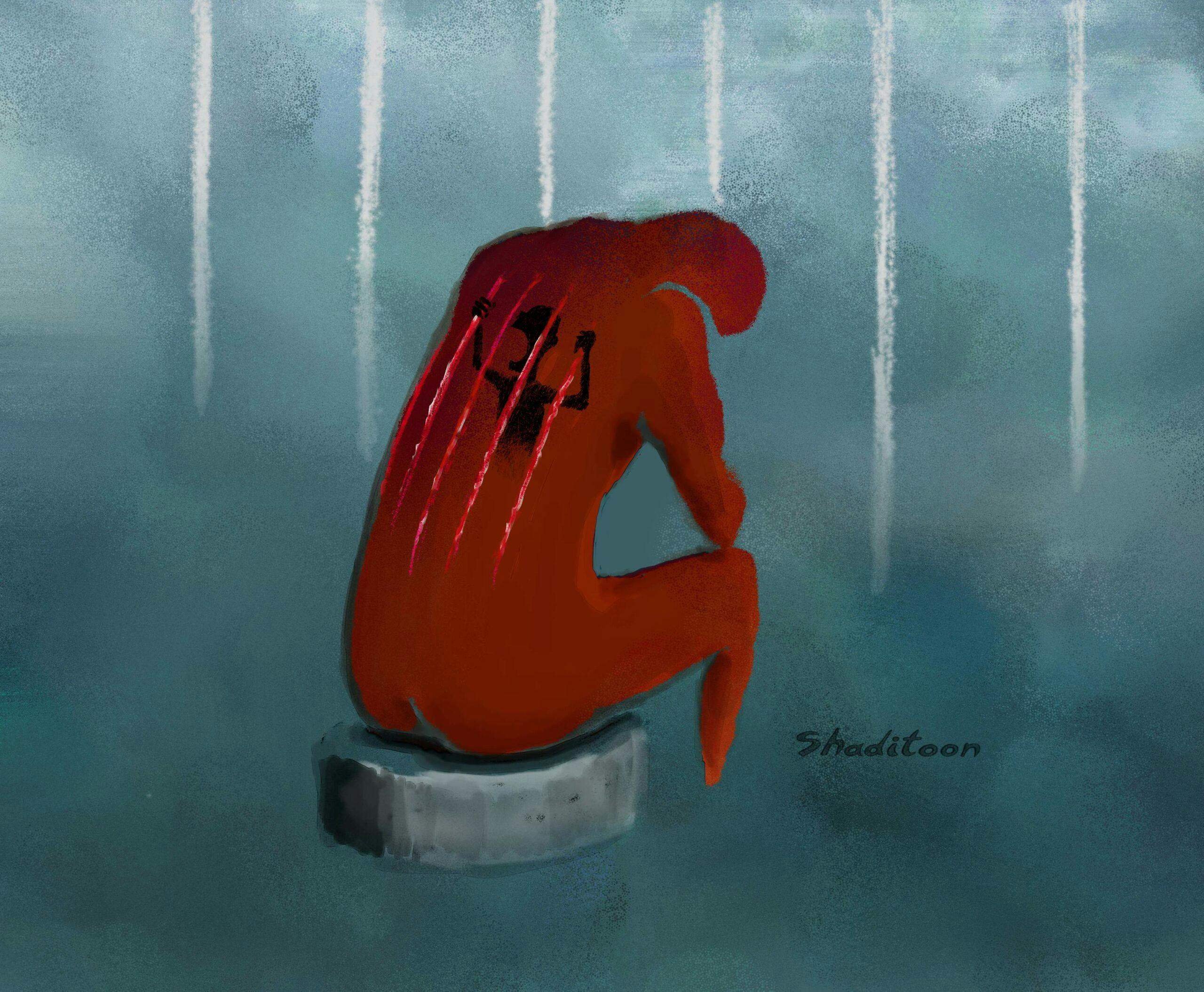 کارتونی از یک قربانی شکنجه در زندان پشت به تصویر