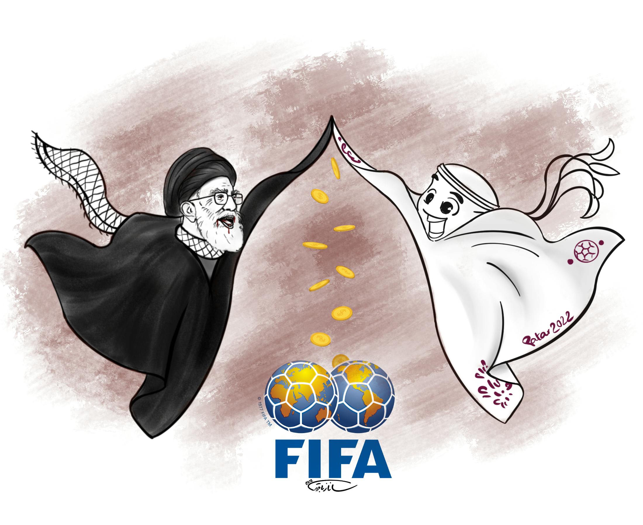 کارتونی که شبح‌های خامنه‌ای و امیر قطر را روی توپ فوتبال نماد جام جهانی در حال پول ریختن نشان می‌دهد