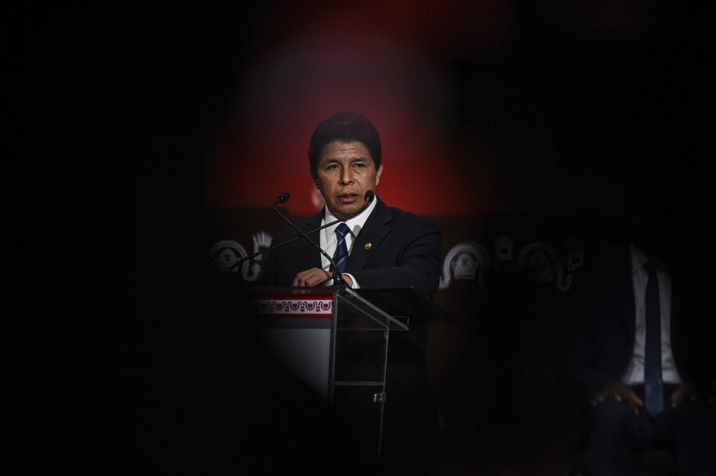 ۵ اکتبر ۲۰۲۲: پدرو کاستیو، رئیس جمهوری عزل شده پرو هنکام سخنرانی در مراسمی در لیما (عکس: خبرگزاری فرانسه)