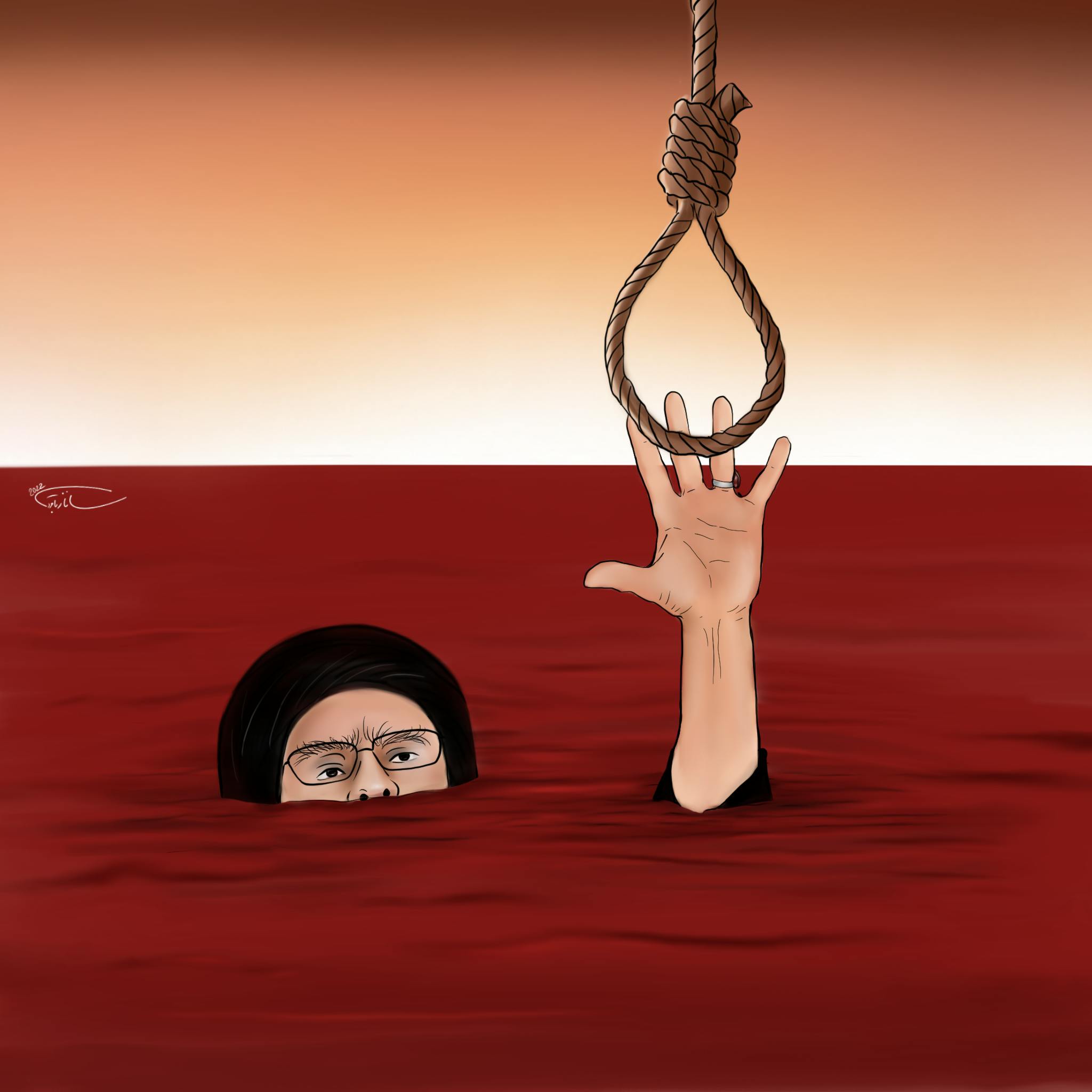 خامنه‌ای در حال غرق شدن در خون تلاش دارد به طناب دار برای نجات خود چنگ بزند.