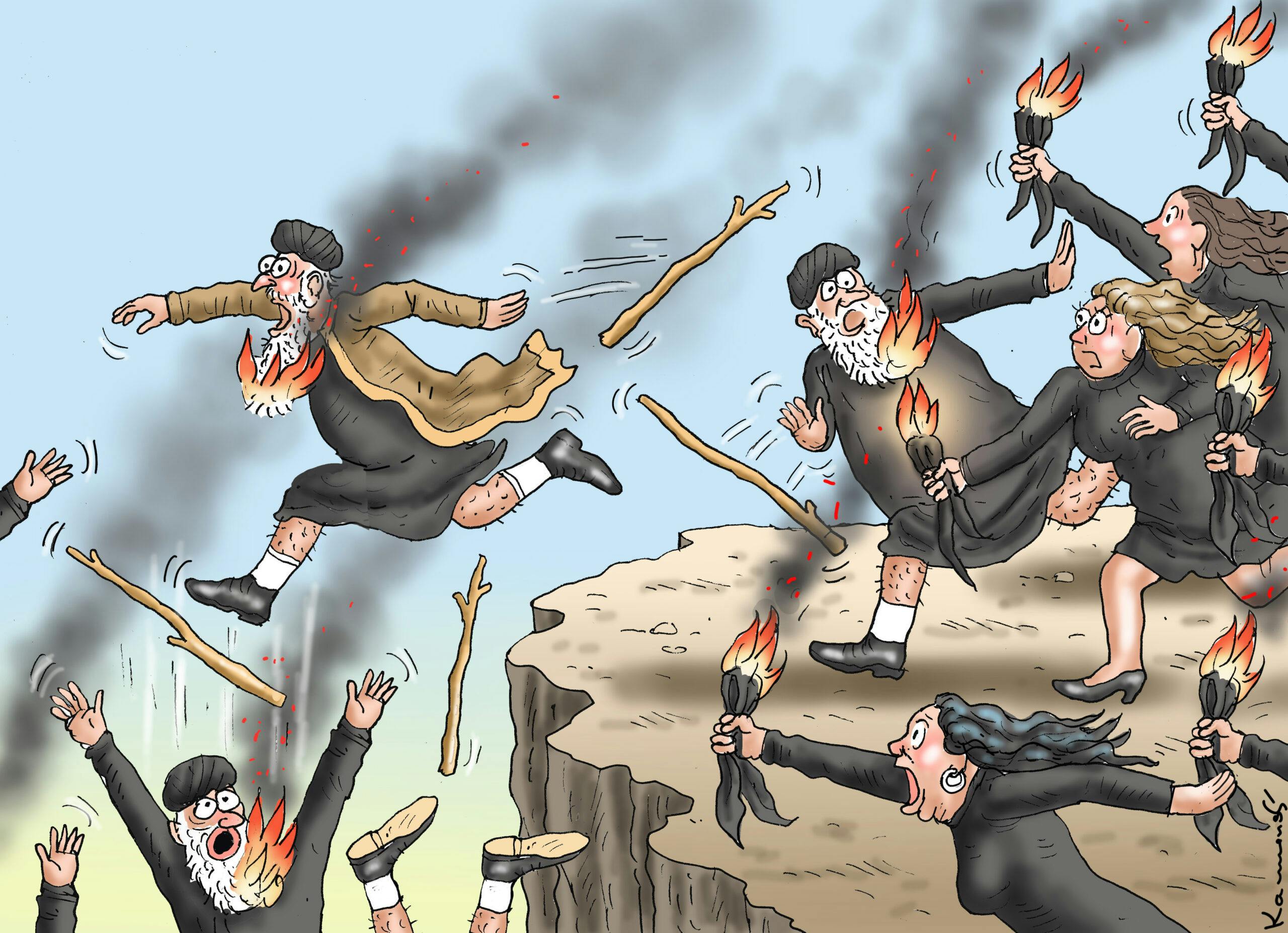انقلاب علیه روسری در ایران، اثر مارین کامنسکی، کارتونیست اسلواکیایی ــ منبع: cartoonmovement