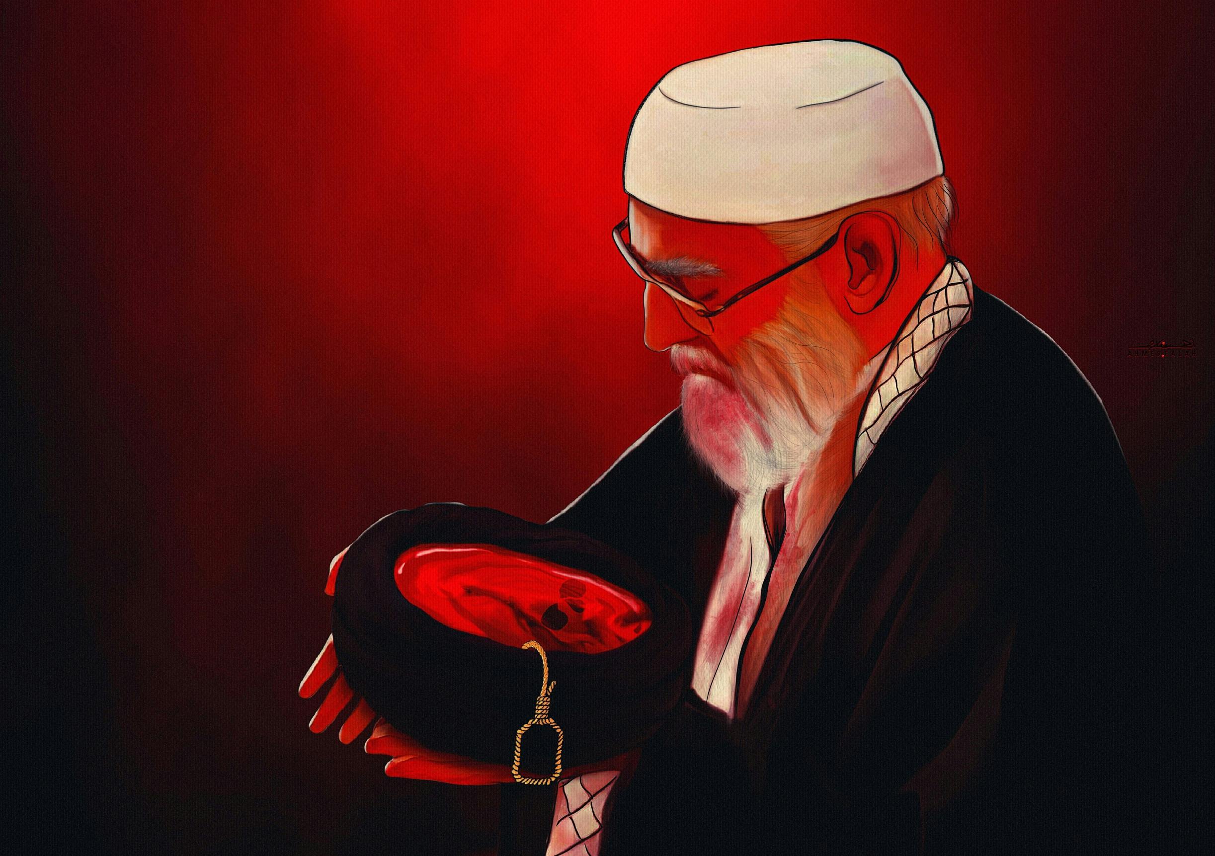 «جلاد»، اثر احمد فلاح کارتونیست عراقی در اشاره به اعدام‌ها (قتل‌های حکومتی) در ایران ــ منبع: cartoonmovement