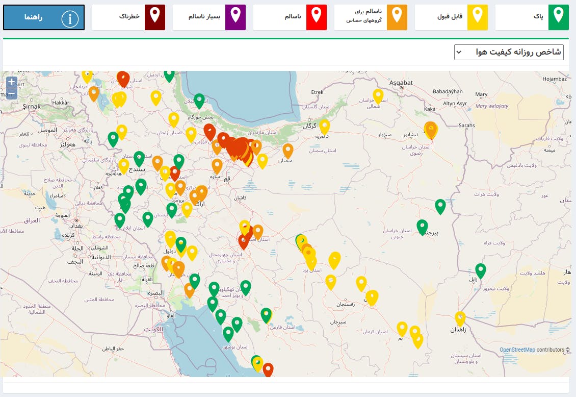 نقشه شاخص روزانه هوا در ایران - ۱۵ دی ۱۴۰۱- وب سایت سامانه پایش کیفی هوای کشور