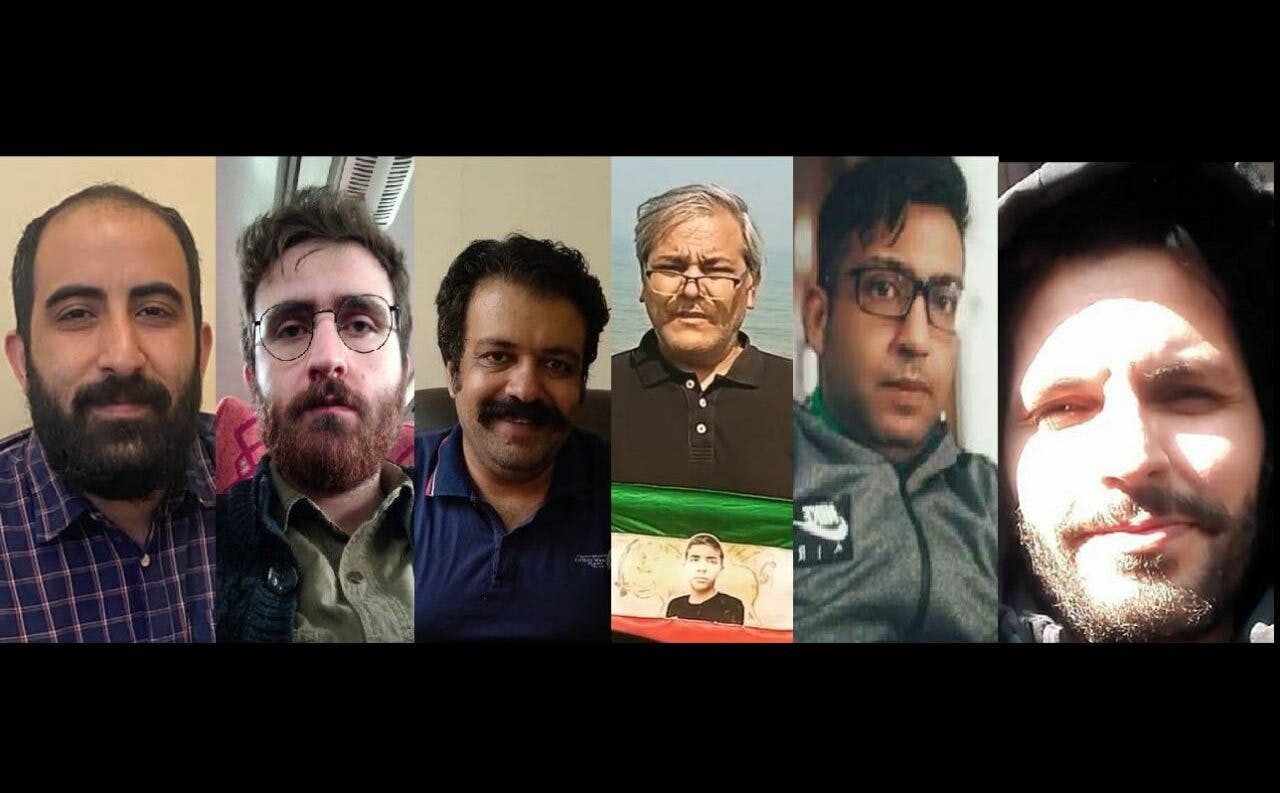 به ترتیب از چپ به راست امیرعباس آزرم‌وند، یاشار توحیدی، محمد خانی، رضا سلمان‌زاده، سید جواد سعیدی و پارسا گلشنی - زندانیان سیاسی محبوس در اوین