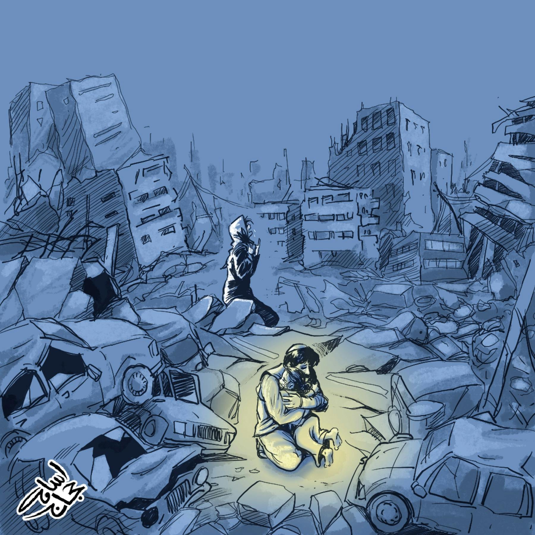 «امید و درد»، اثری از کارتونیست اردنی اسامه حجاج درباره زلزله ترکیه و سوریه ــ منبع: کارتون‌موومنت