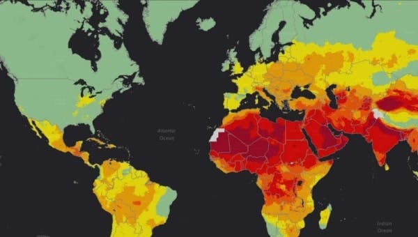 نقشه جهان بر اساس میزان آلودگی هوا - رنگ قرمز تیره‌آلوده‌ترین را مشخص می‌کند- نقشه متعلق به WHO