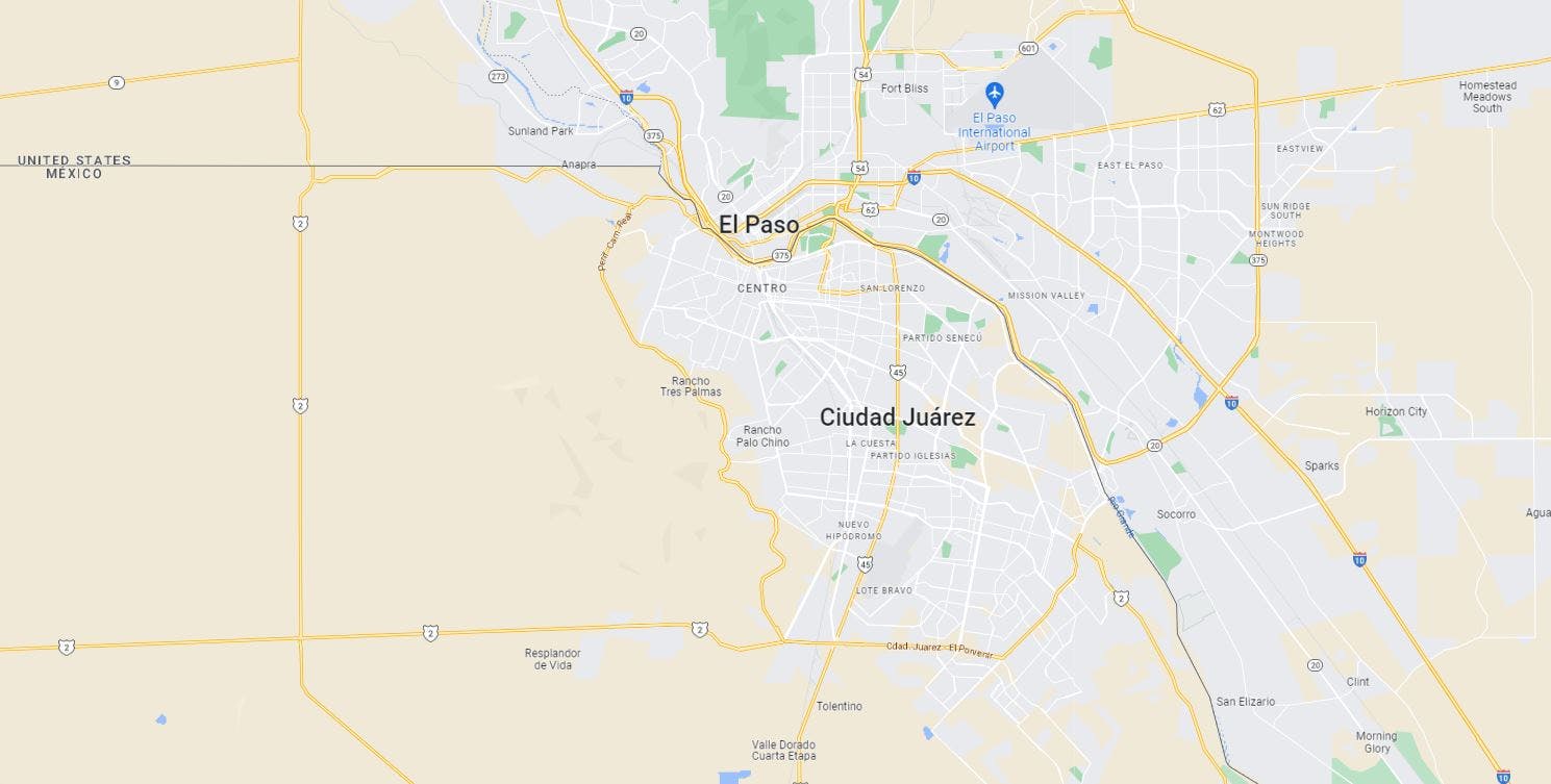 نقشه دو شهر سیوداد خوارز و ال پاسو. یکی در مکزیک و دیگری در آمریکا