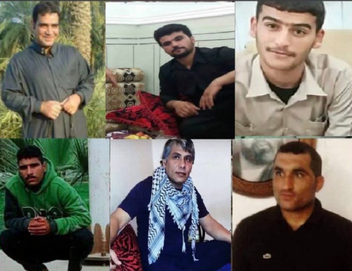 بالا از راست به چپ: عدنان غبیشاوی، سالم موسوی، علی مجدم پایین: محمدرضا مقدم، حبیب دریس، معین خنفری شش زندانی عرب را به اعدام محکوم کردند.