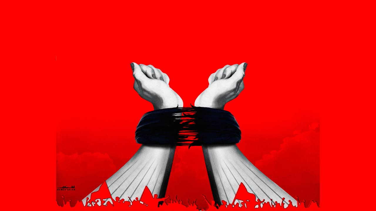 دو دست زنانه در حال پاره کردن عمامه. دست‌ها در پایین حالت برج آزادی را شکل می‌دهند که در اطراف آن تظاهرات بزرگی در جریان است. رنگ قالب این طرح قرمز است و دست‌ها سفید و عمامه مشکی به تصویر درآمده‌اند.