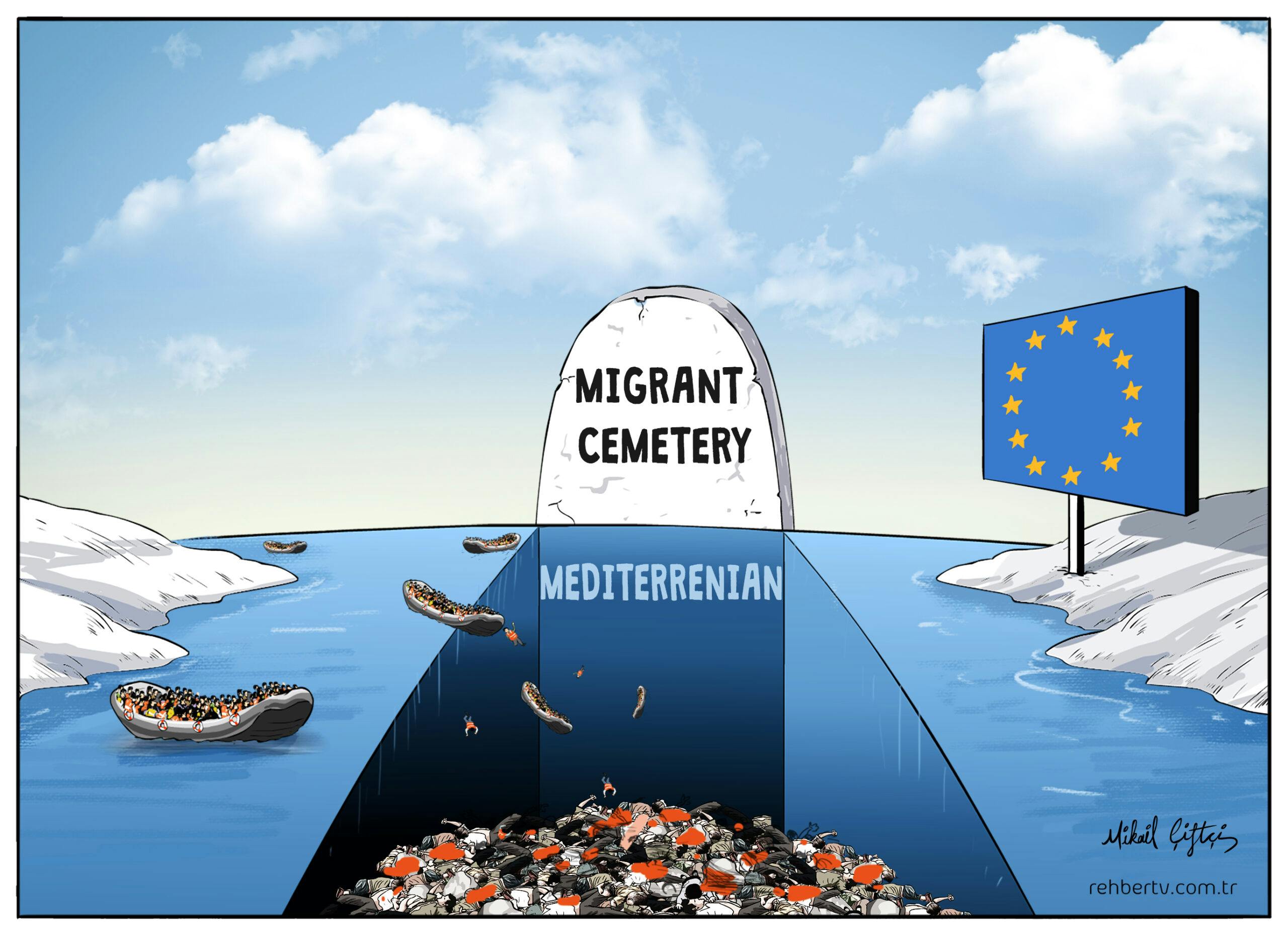 دریای مدیترانه به صورت یک گور بزرگ دهان باز کرده و تعداد زیادی پناهجو در آن گرفتارند. یک سو نماد اتحادیه اروپا رو می‌بینیم و در سوی دیگر قایق پناهجویان که به سوی گور در حرکت است.