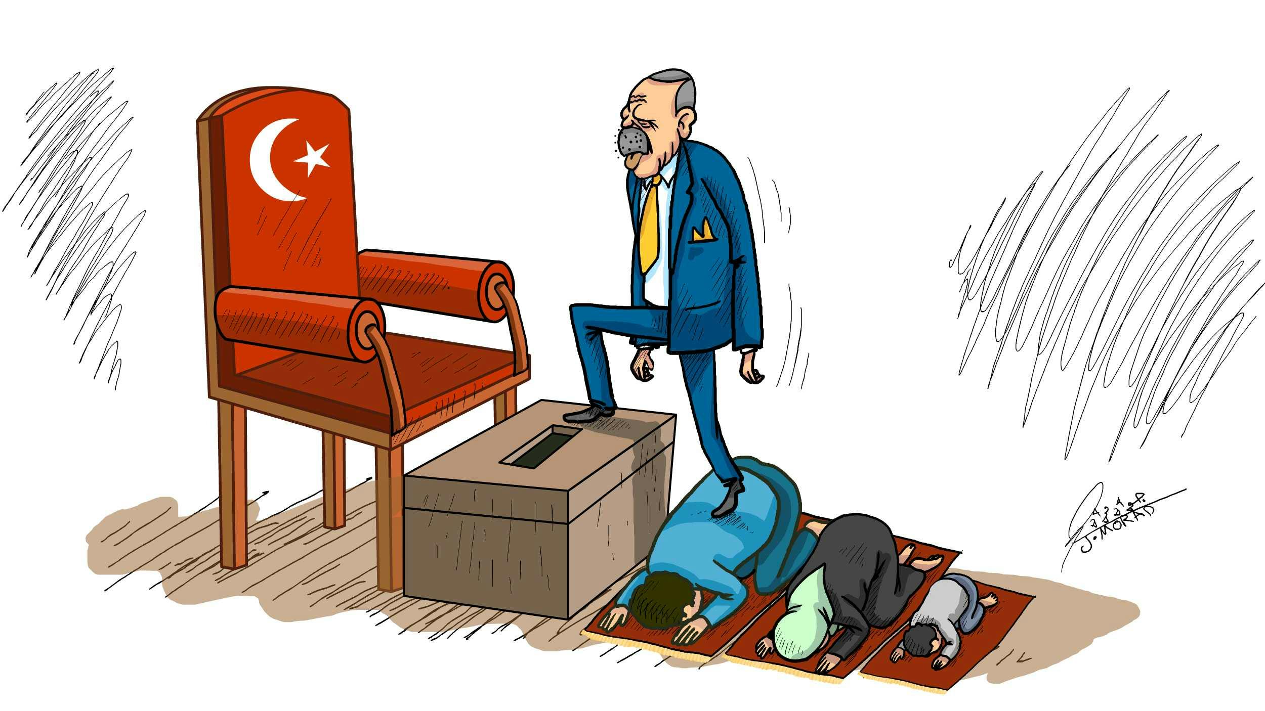 «اردوغان و سوء استفاده از دین برای هدف‌های انتخاباتی»، اثر جواد مراد، کارتونیست سوری ساکن بلژیک ــ منبع: کارتون‌موومنت