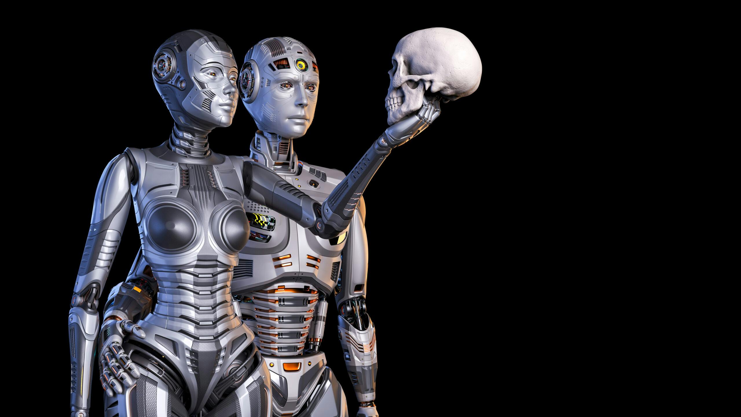 تصویری از دو ربات که جمعه یک انسان را در دست گرفته‌اند
