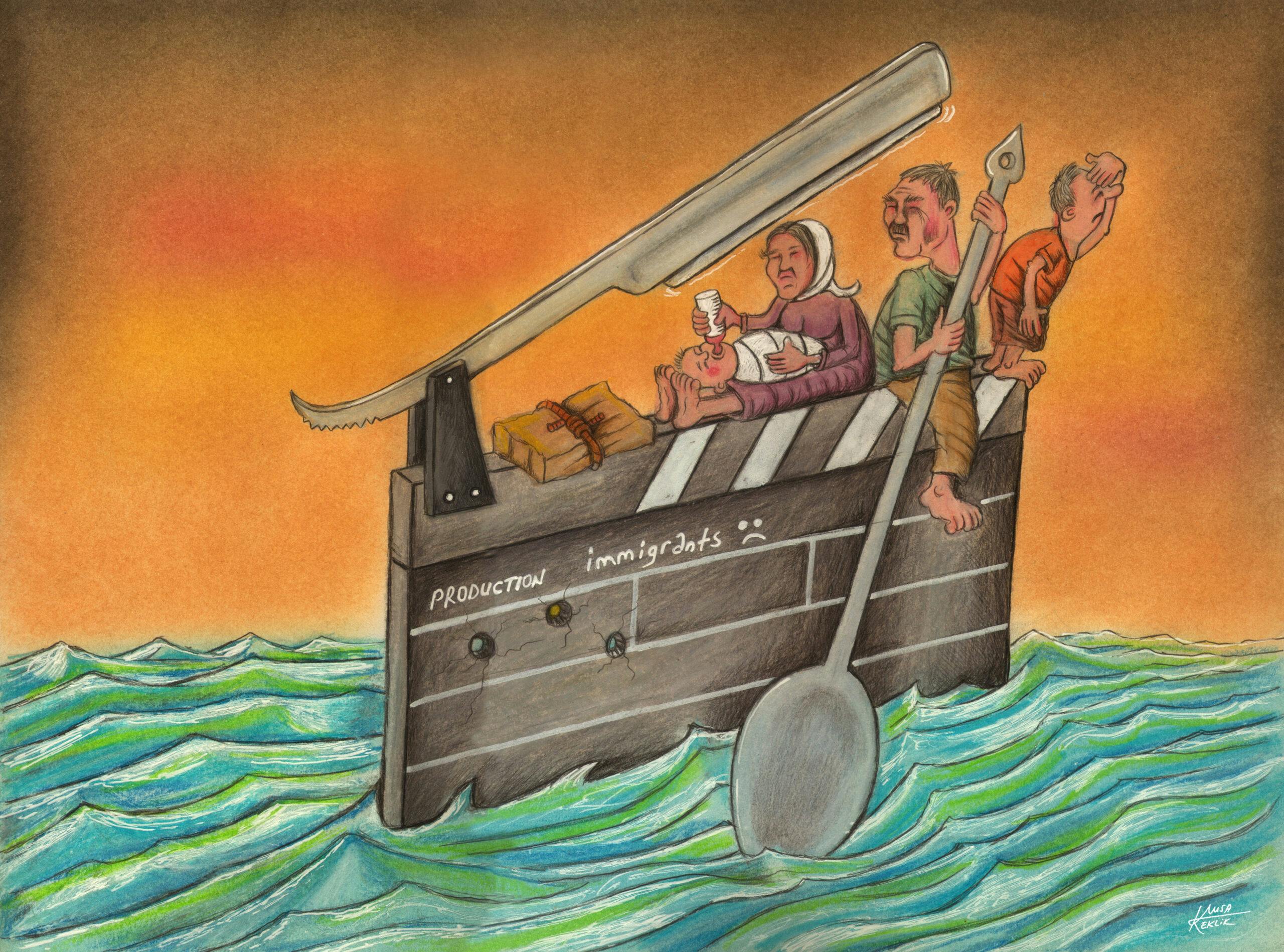 خانواده پناهجو سوار بر کلاکت فیلم‌برداری به شکل قایق. قسمتی از کلالکت به شکل تیغ روی سر آنان قرار دارد