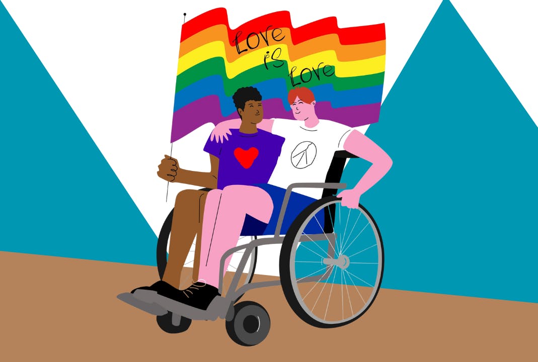 تصویر تزئینی یادآور عشق برابر افراد کوئیر حتی اگر معلول باشند