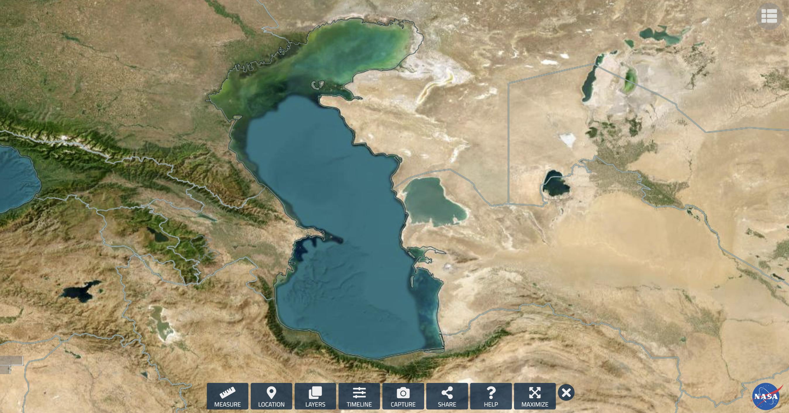 دریای خزر با کاهش گسترده آب روبرو است. منابع آب این دریا عمدتا پیش از رسیدن به خزر توسط انسان مصرف می‌شود و گرمایش زمین به تبخیر آب دامن زده است. تصویر از ناسا