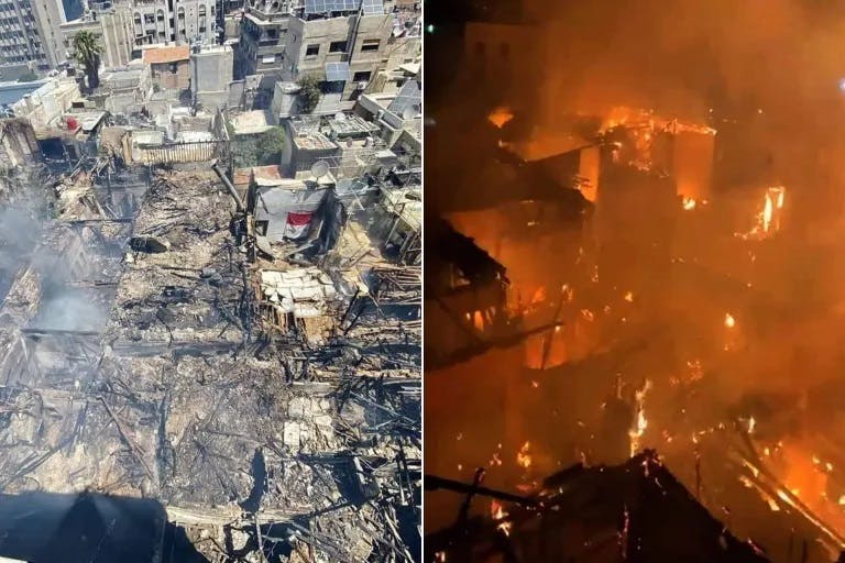 در سمت راست عکس ساختمانهای محله ساروج ه دمشق در حال آتش گرفتن و در سمت چپ، عکس فردای آن روز از ساختمانهای سوخته