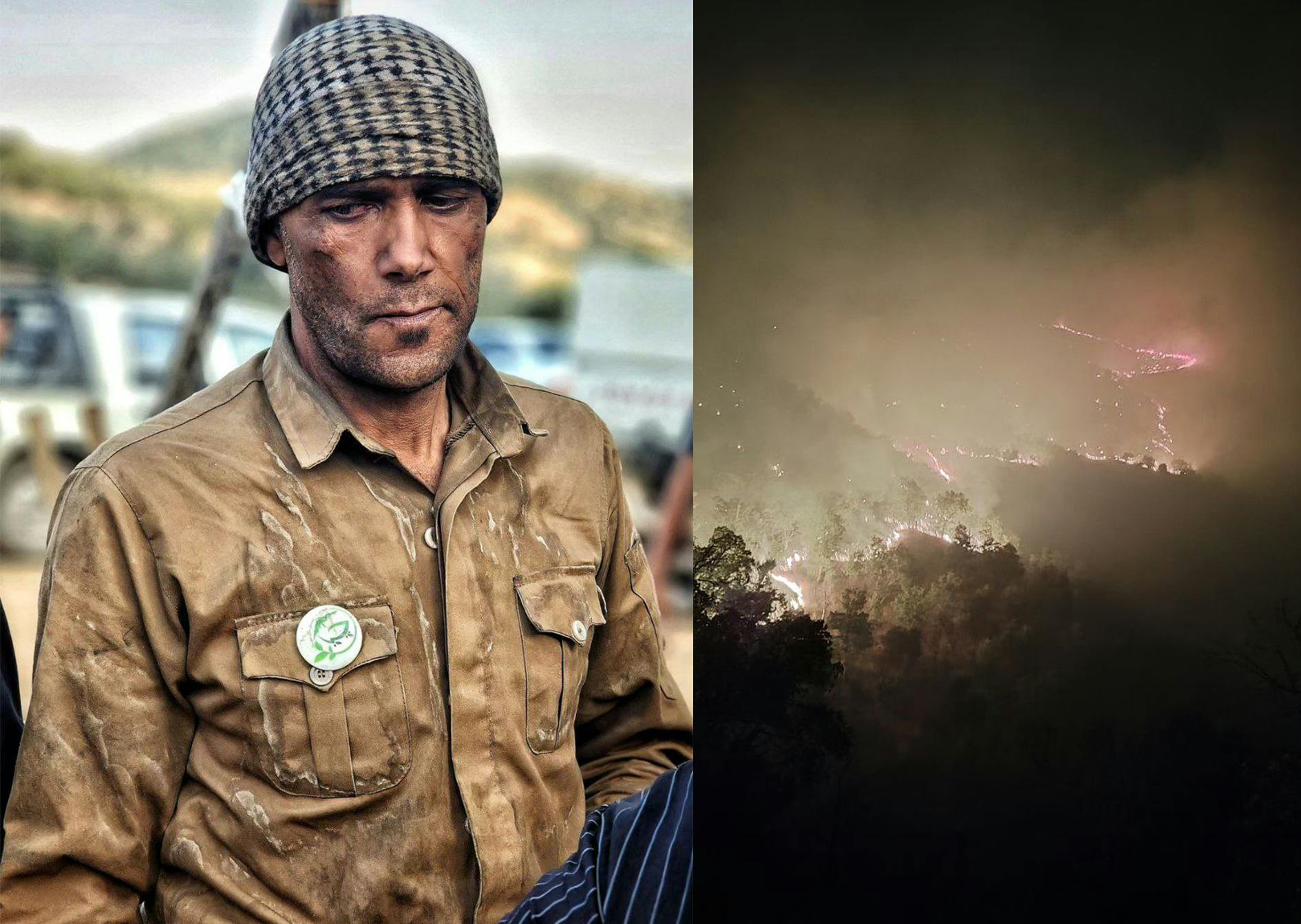 تصویر تزئینی: نمایی از آتش‌های مریوان در کنار تصویری از یک فعال محیط‌زیست، خسته از روزها تلاش بی‌وقفه برای مهار آتش