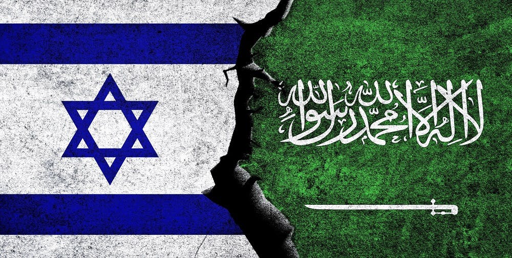 طرحی از پرچم اسرائیل و عربستان سعودی بر روی یک دیوار