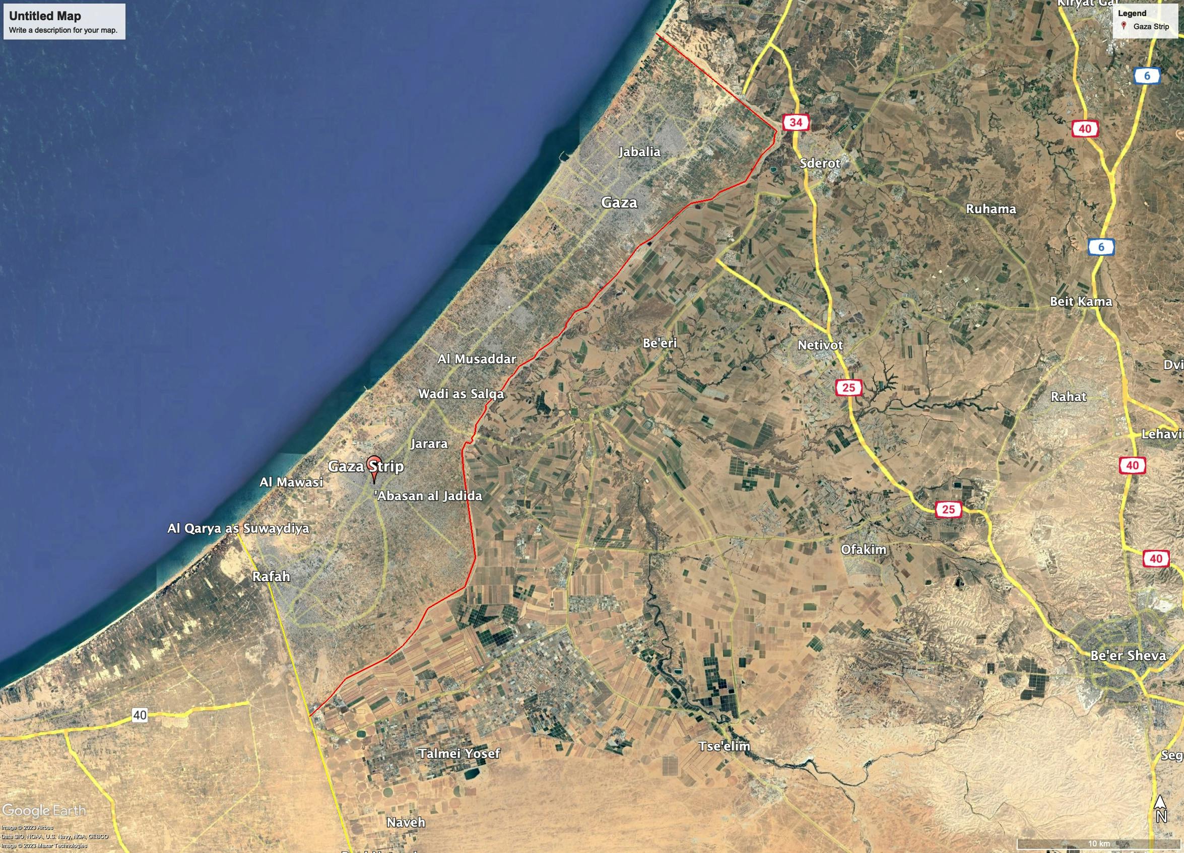 نوار غزه در تصویر ماهواره‌ای گوگل مپز