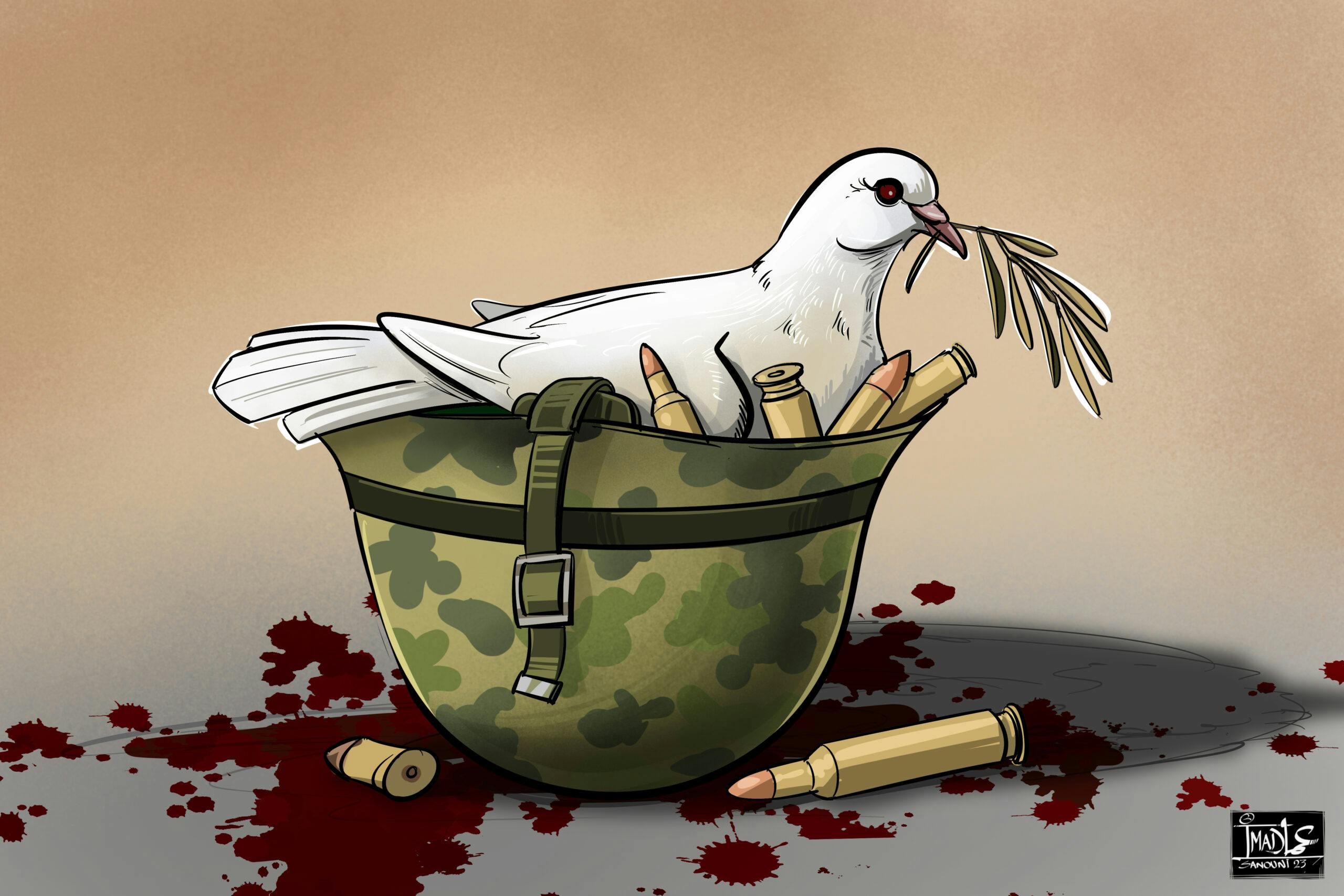 کبوتر صلح در کلاه یک سرباز که پراز گلوله است آشیانه کرده. رد خون در زیر کلاه به چشم می‌خورد