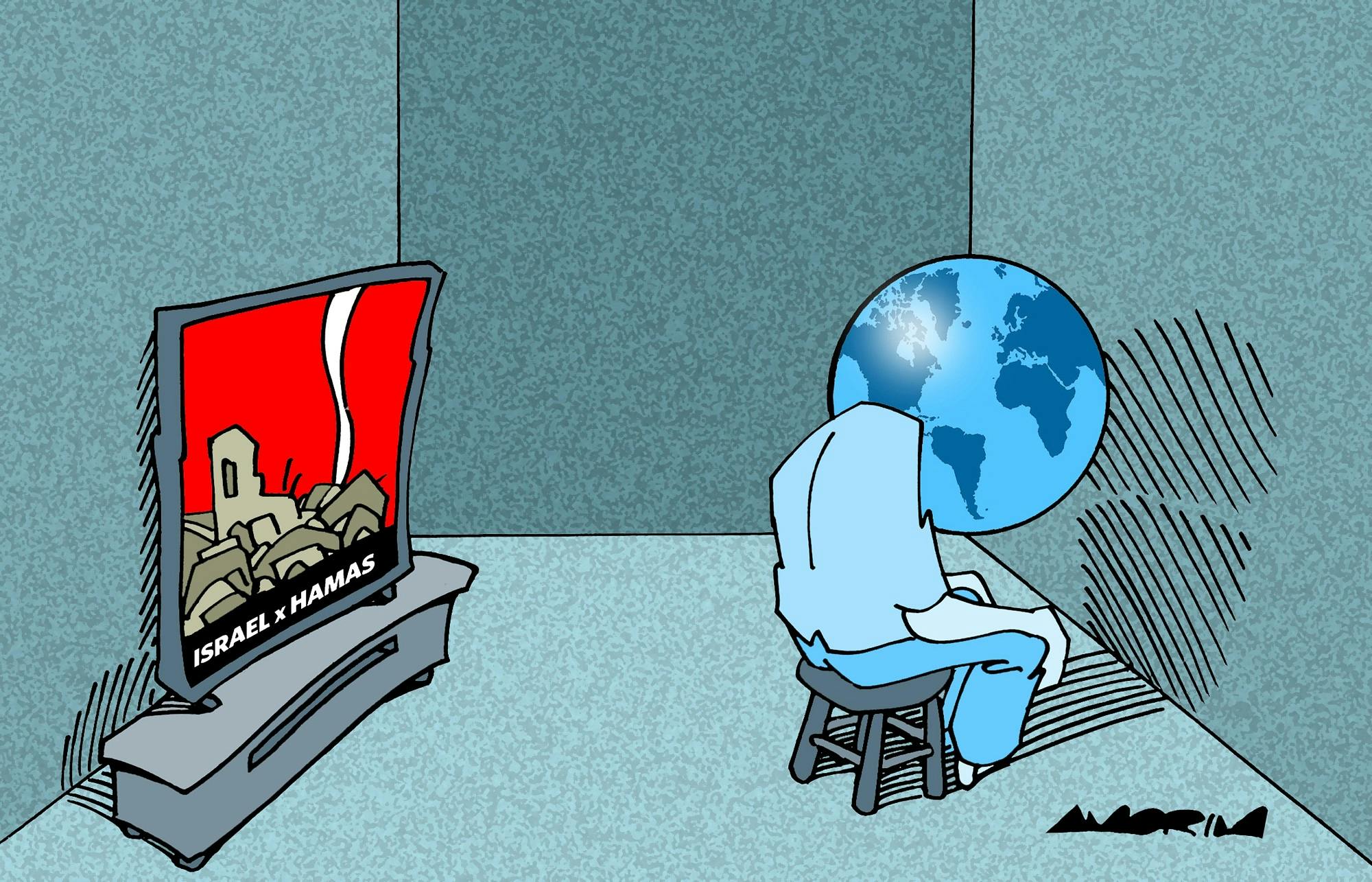 جنگ حماس و اسرائیل، اثر کارلوس آموریم، کارتونیست برزیلی ــ منبع: Cartoon Movement