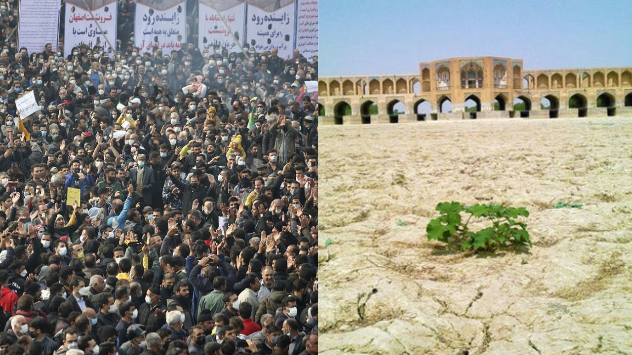 نمایی از خشکی زاینده رود و ایکی از اعتراضات کشاورزان اصفهان