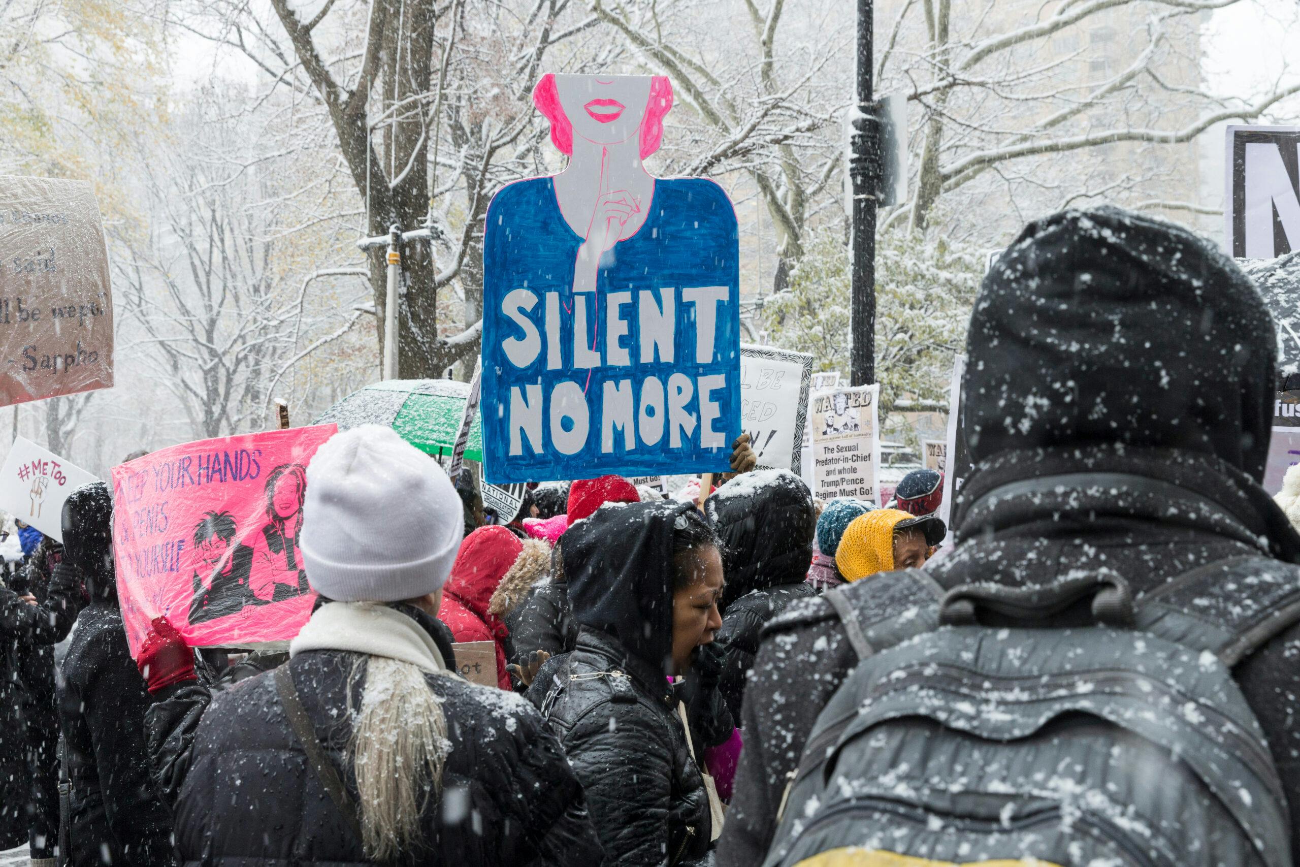 زنان معترض در برف با نوشته‌ای در دست که می‌گوید سکوت کافی است