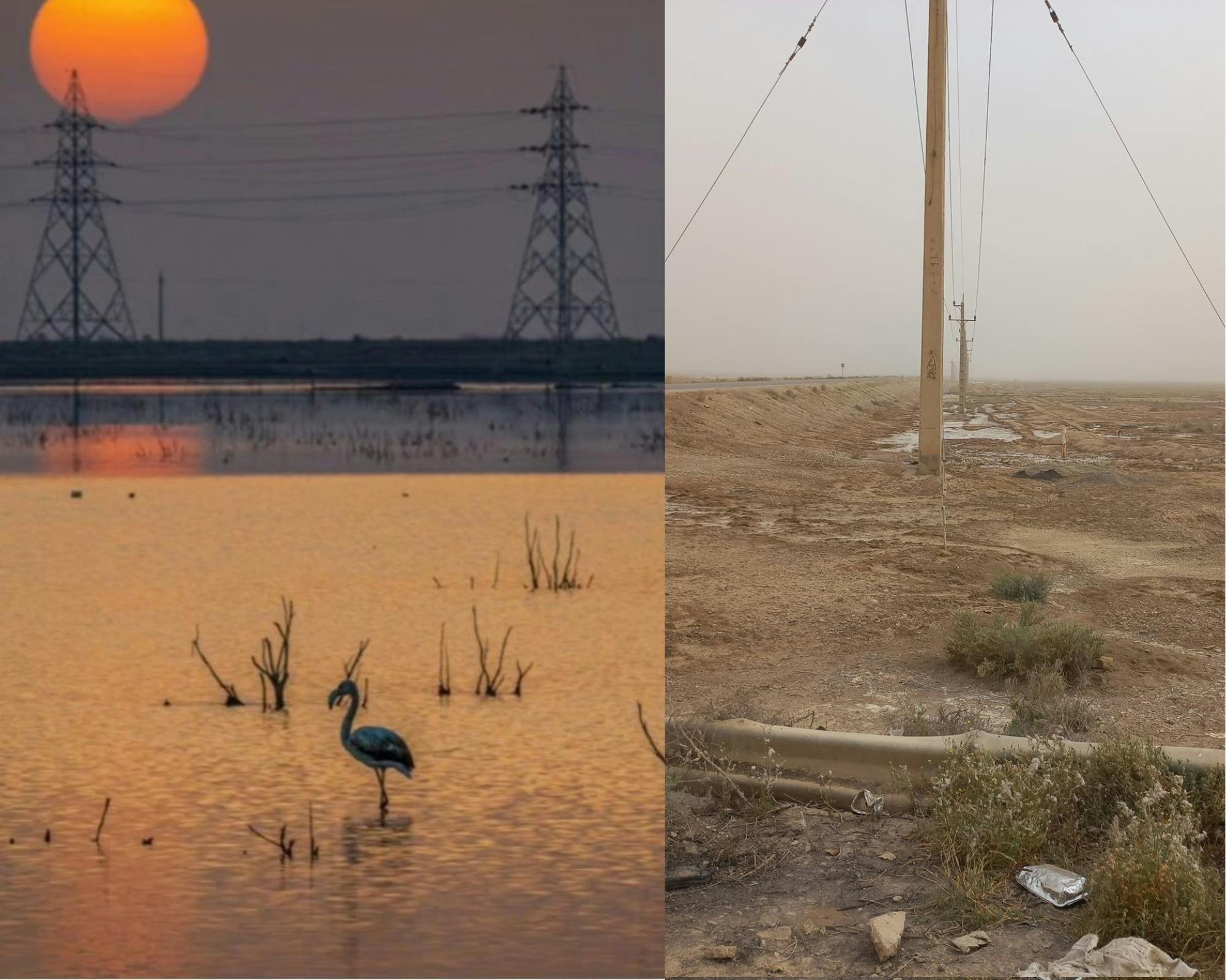 دو تصویر از لیدا آشتیانی که در ایکس منتشر شده‌اند، تفاوت حضور نفت در هورالعظیم را نشان می‌دهد: چاه‌های نفت می‌آیند و تالاب به صحرا تبدیل می‌شود.