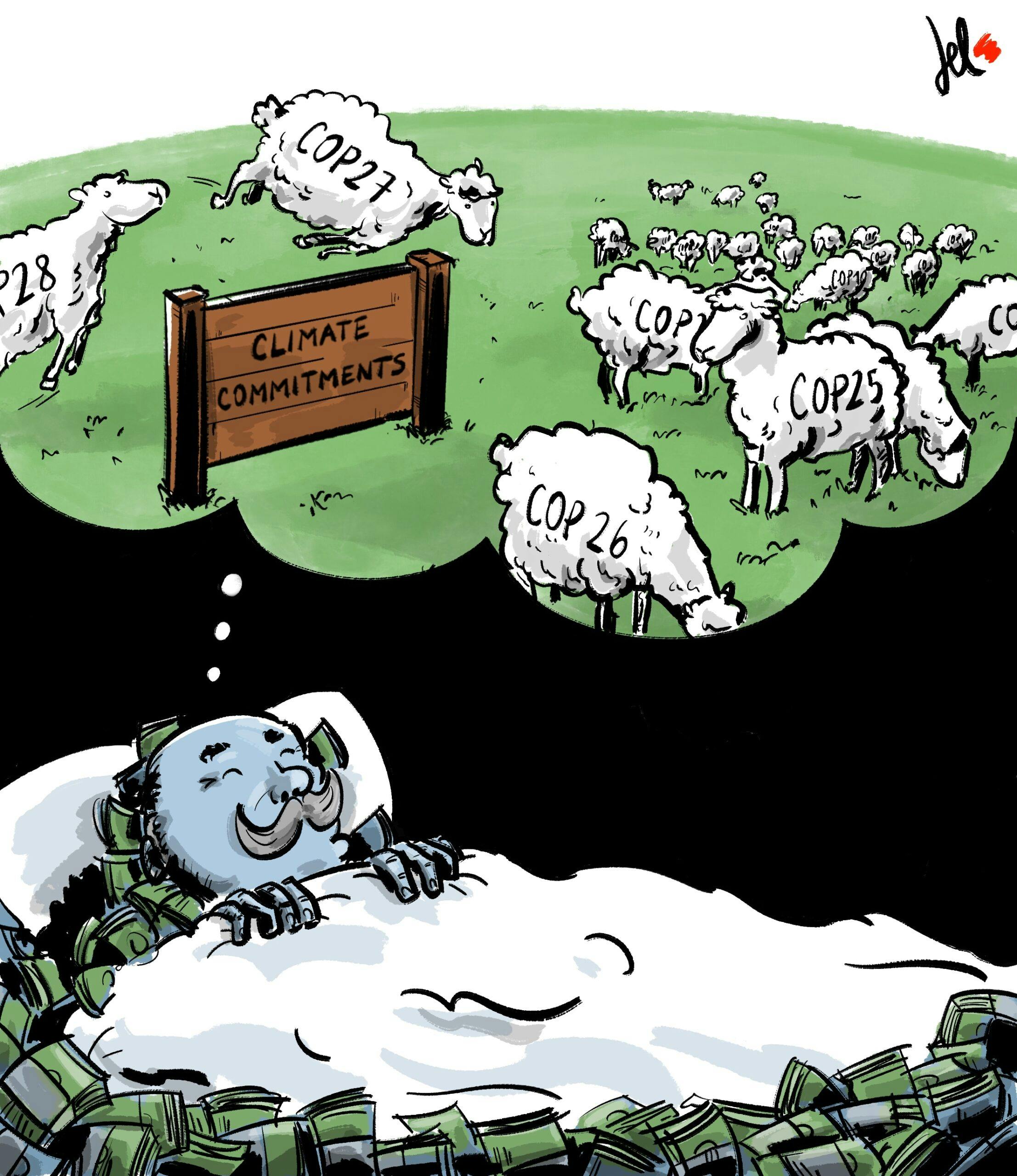 مردی در خواب دارد نمایی از چندین گوسفند که رویشان نام کاپهای قبلی اقلیمی نوشته شده و دارند می چرند و روی چوبی نوشته شده تعهدات اقلیمی را می بیند