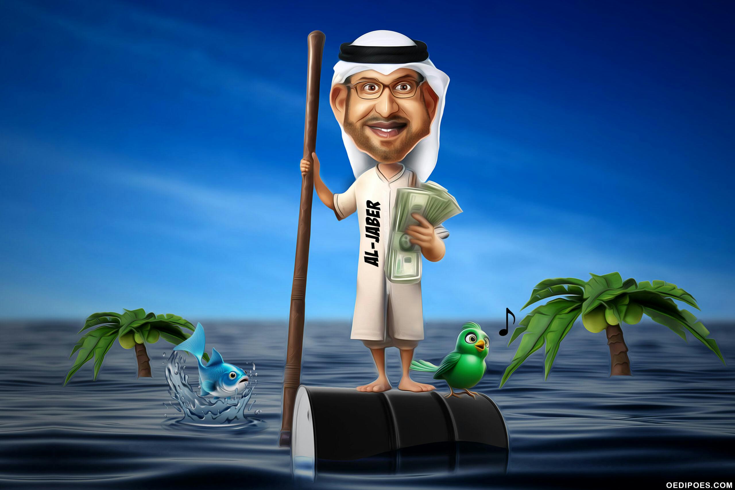 کارتونی از سلطان الجابر، رییس کاپ ۲۸ که روی یک بشکه نفت در دریایی سیاه از نفت ایستاده