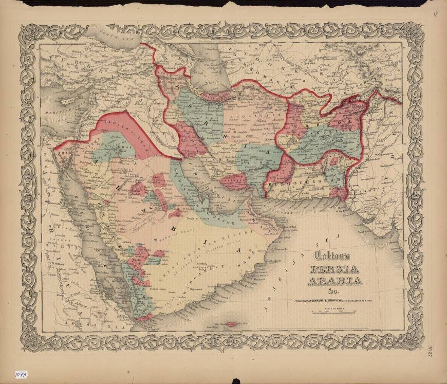 نقشه بلوچستان که میان سه دولت ایران، افغانستان و پاکستان تقسیم شده است.